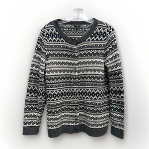 Talbots Cardigan Sweater Fair Isle Knit Lambswool Blend X/XL Gray Beaded Nordic